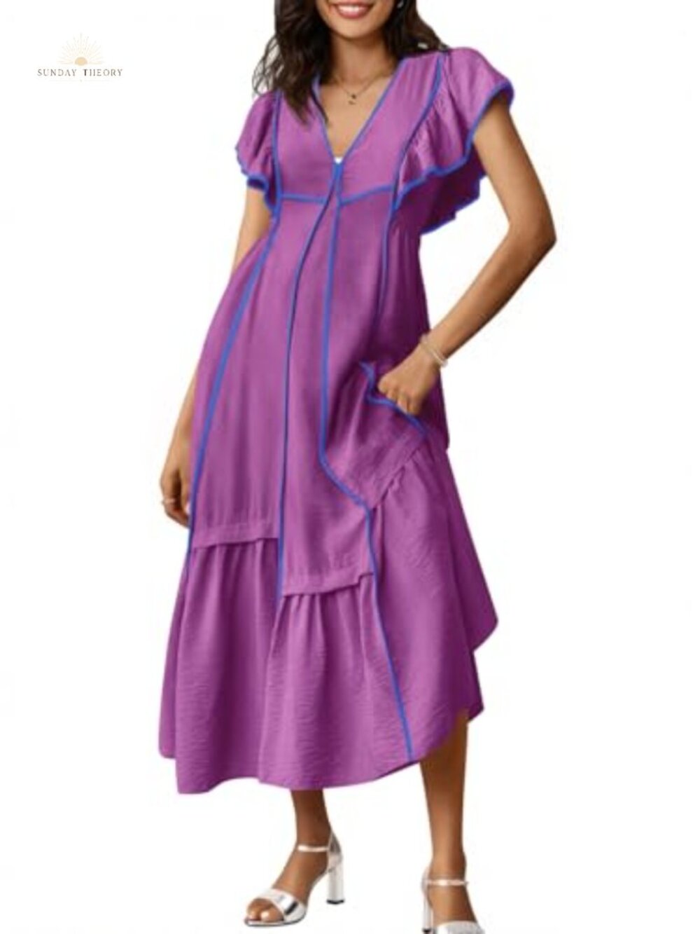 Wenrine 100% Polyester V Neck Midi Dress Ruffle Sleeve Loose Fit Flowy Casual